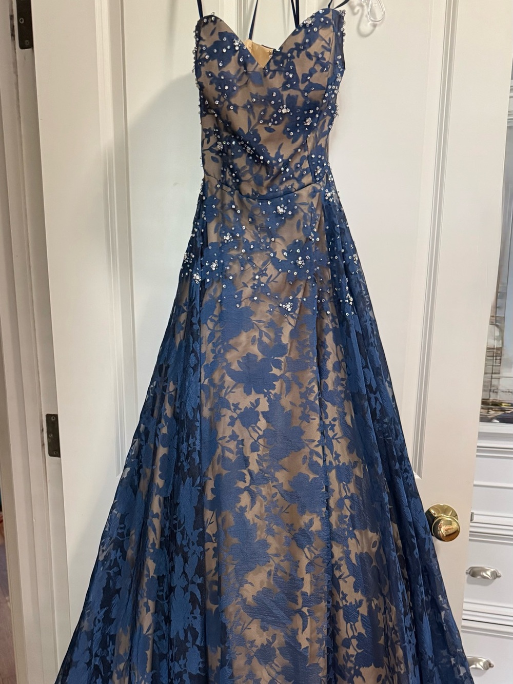 Glamour by Terani Couture Navy/Nude Beaded Formal Gown Size 6 - MINT